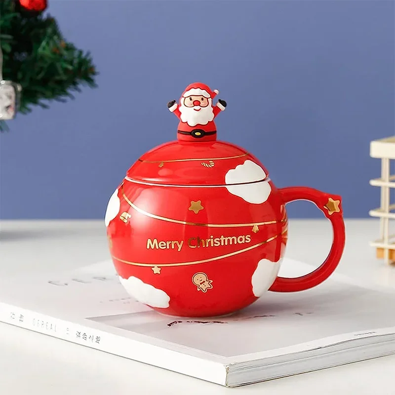 Creative cartoon Santa Claus spherical water cup with lid spoon mug Blue/Red household large-capacity ceramic cup Christmas cups