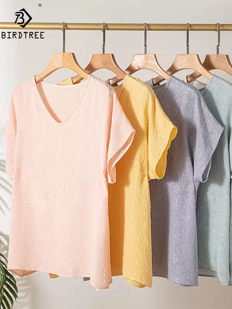 

BirdTree, 100%Real Silk Elegant T-Shirt, Women Short Sleeve V-Neck Jacquard, Retro Commute Casual Tee, 2024 Summer New T44881QM