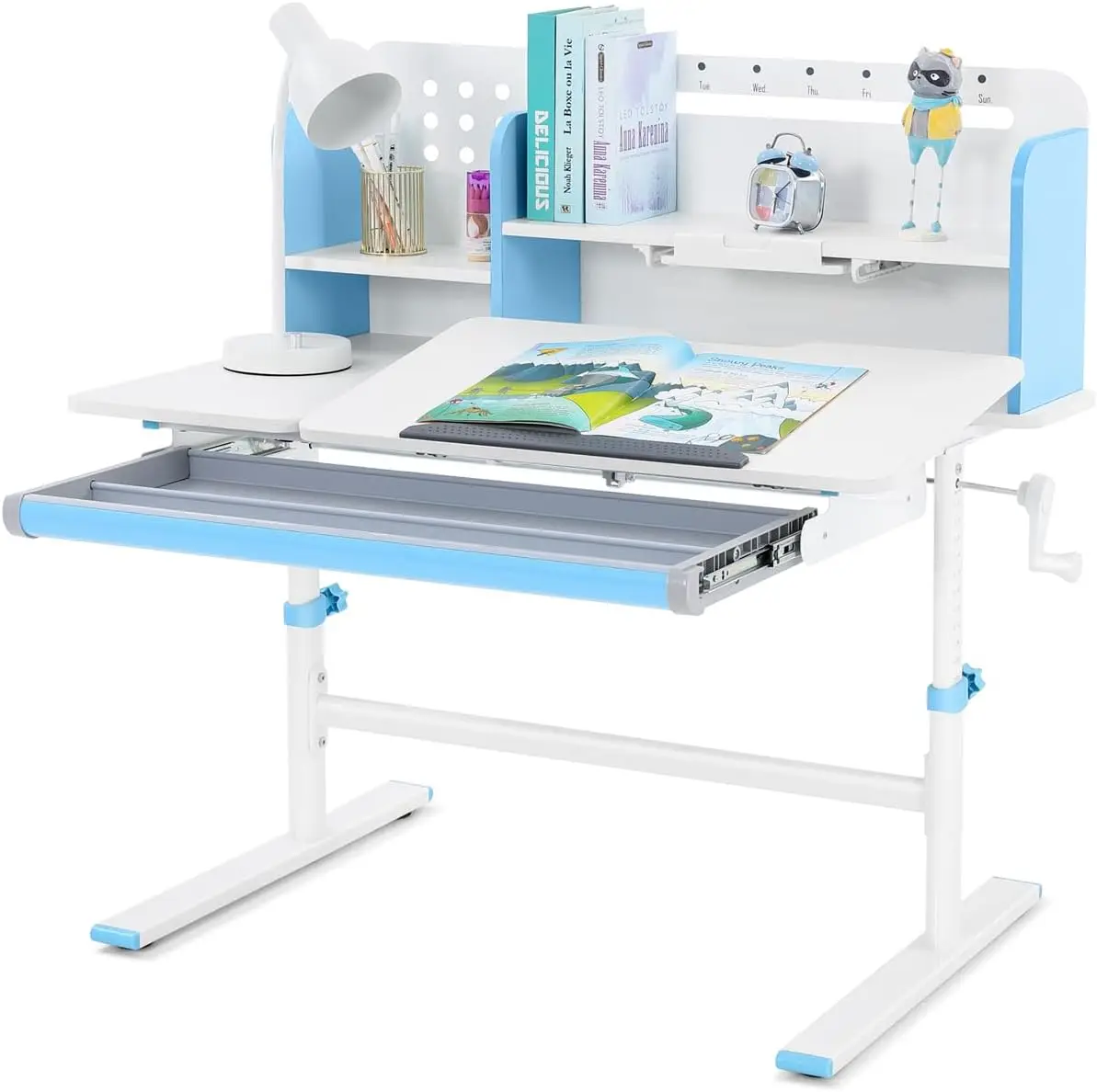 COSVALVE 39in Wide Adjustable Height Kids Desk with Tilting Desktop, Steel Frame, Drawer, and Bookshelf Hutch, Study Child Table