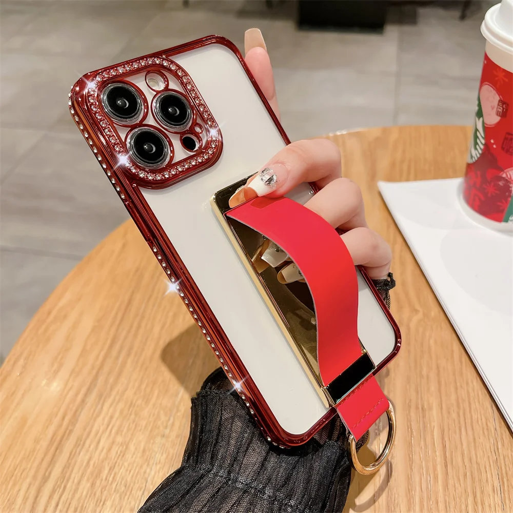 thumbnail image 1 of Wrist Strap Finger Ring Invisible Holder Phone Case for iPhone 14 15 ProMax 12 13 Pro Max 11 Plus Luxury Diamond Plating Cover, 1 of 5