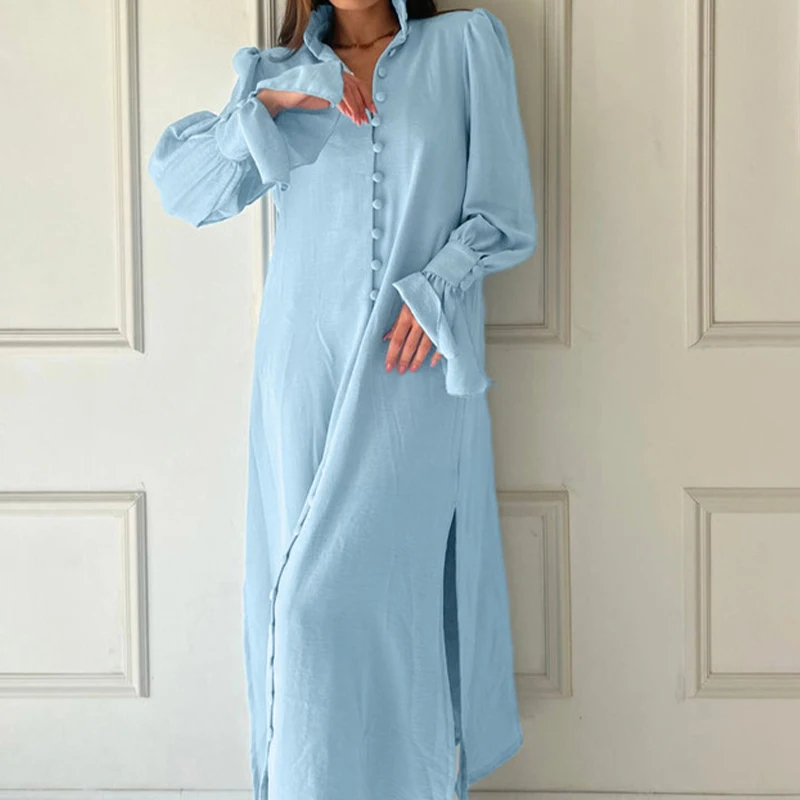 

New Spring Loose Standing Neck Party Dress Fashion Flare Sleeves Women's Long Dresses French Casual Single Breasted Split Dress