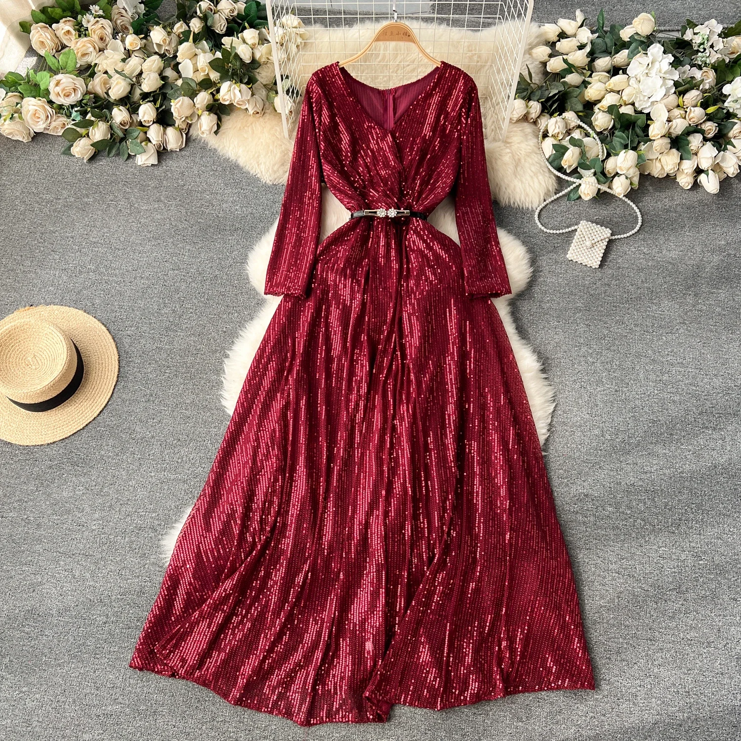 

Retro Elegant Sequin Dress A-line Lantern Long Sleeve Casual High Waist Dress Women Autumn Ceremonial Dress