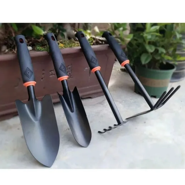 Durable metal gardening trowel with ergonomic black handle and orange decoration - perfect for planting flowers and vegetables. 3