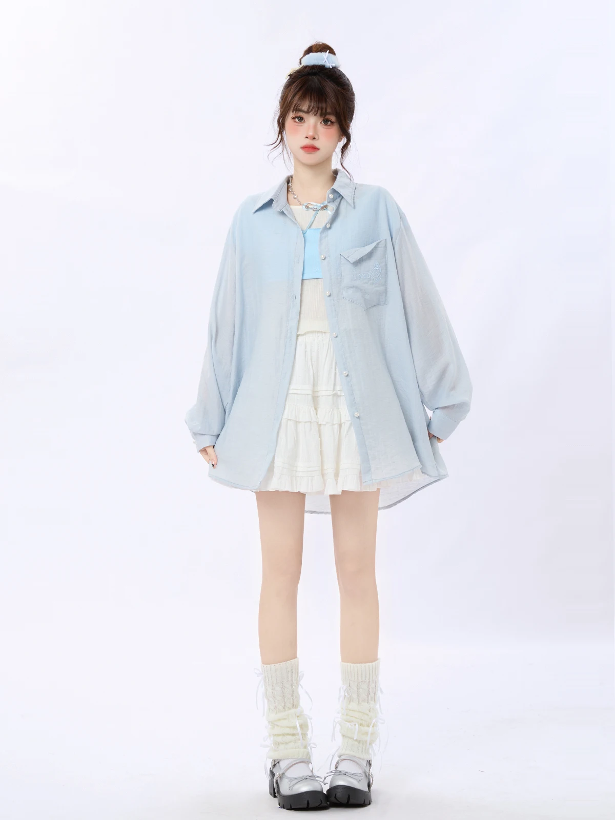 2024 Summer New Sweet Cute Bow Hollow Long Sleeve Shirt Fashion All-Match Elegant Casual Sun-Proof Pink Girl Blouse Women Tops