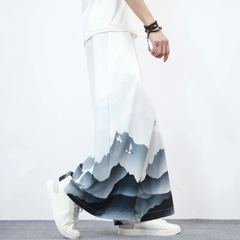Chinese Style Men Clothing Summer Thin Ice Silk Casual Wide Pants Loose Plus Size Hakama Harajuku Oversized Trousers