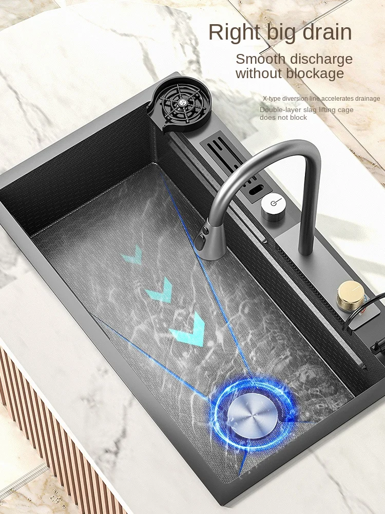 304 Stainless Steel Kitchen Waterfall Sink Digital Display Large Single Sink Dish Basin With Multifunction Touch Waterfall kitchen accessories kitchen sink