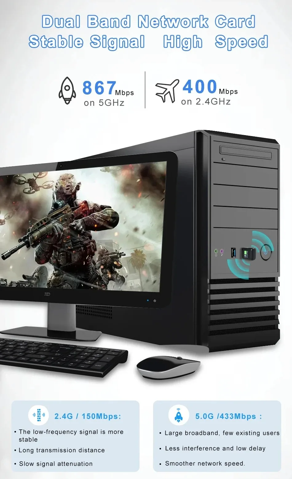 2 em 1, PC, BT, Wifi5, 2.4G,