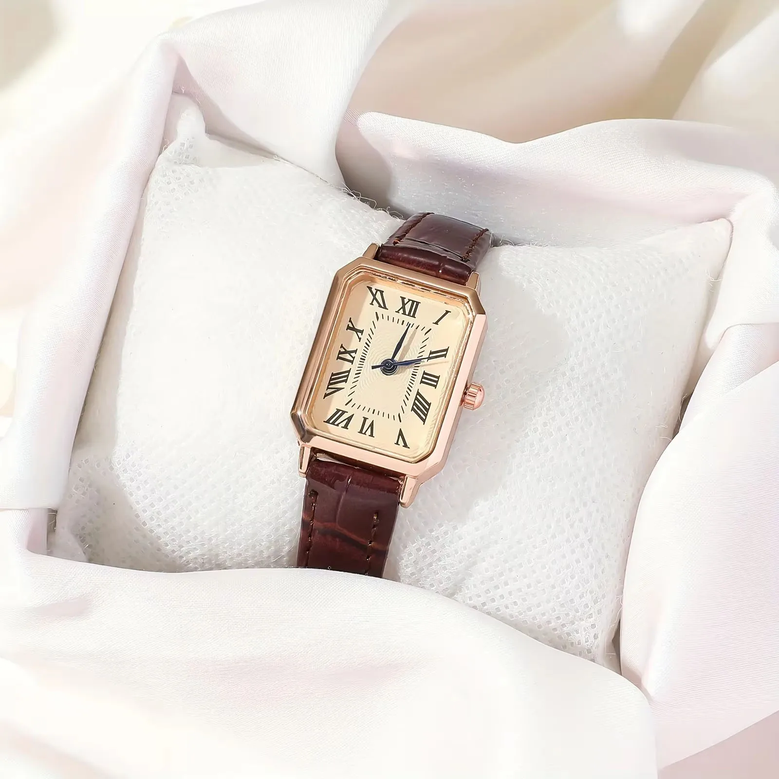 Casual Rectangle Pointer Quartz Watch Rome Fashion Analog Retro PU Leather Wrist Watch For Women Girls