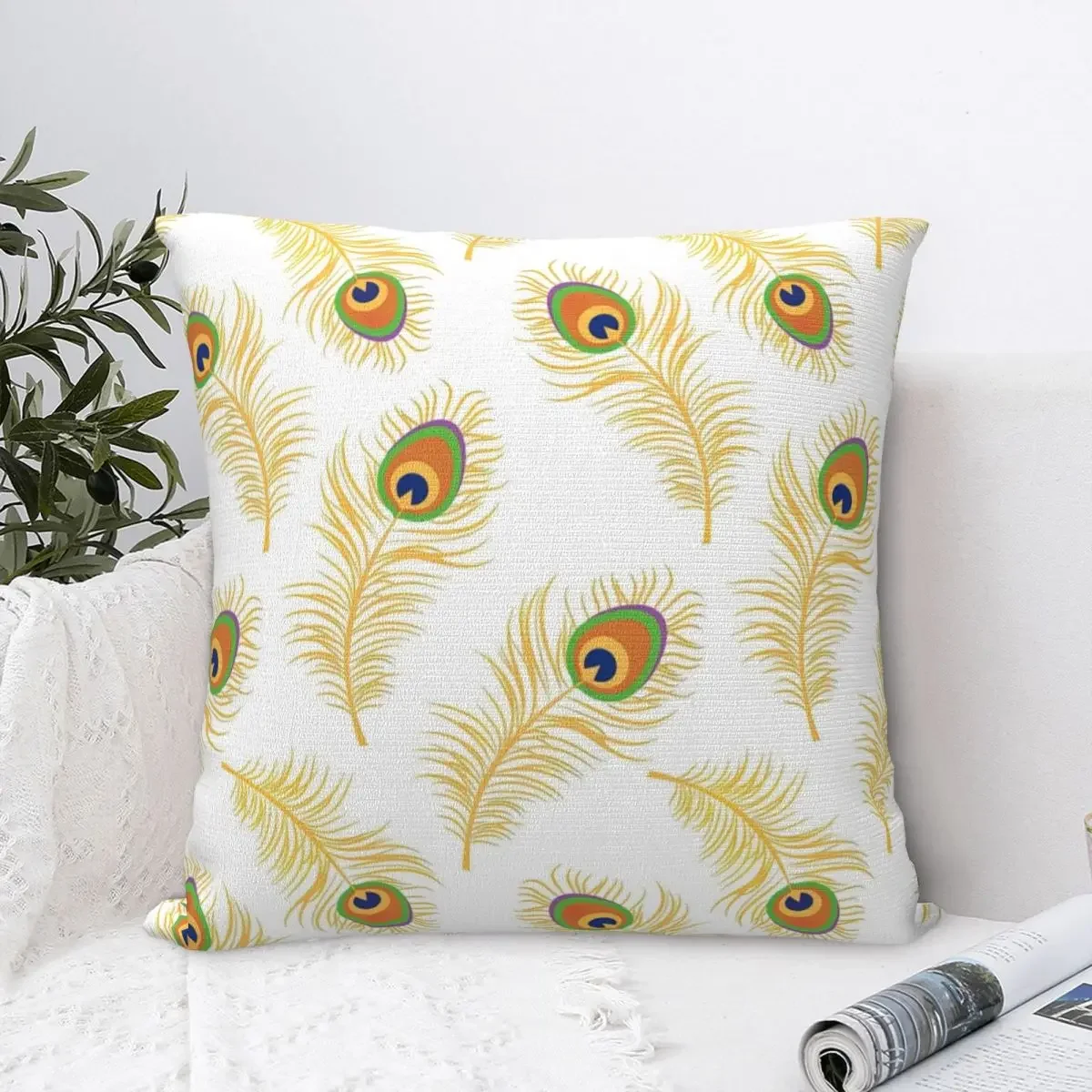 

Golden Peacock Feather Seamless Pattern Square Pillowcase Cushion Cover Decorative Pillow Case Polyester Throw Pillow cover Car