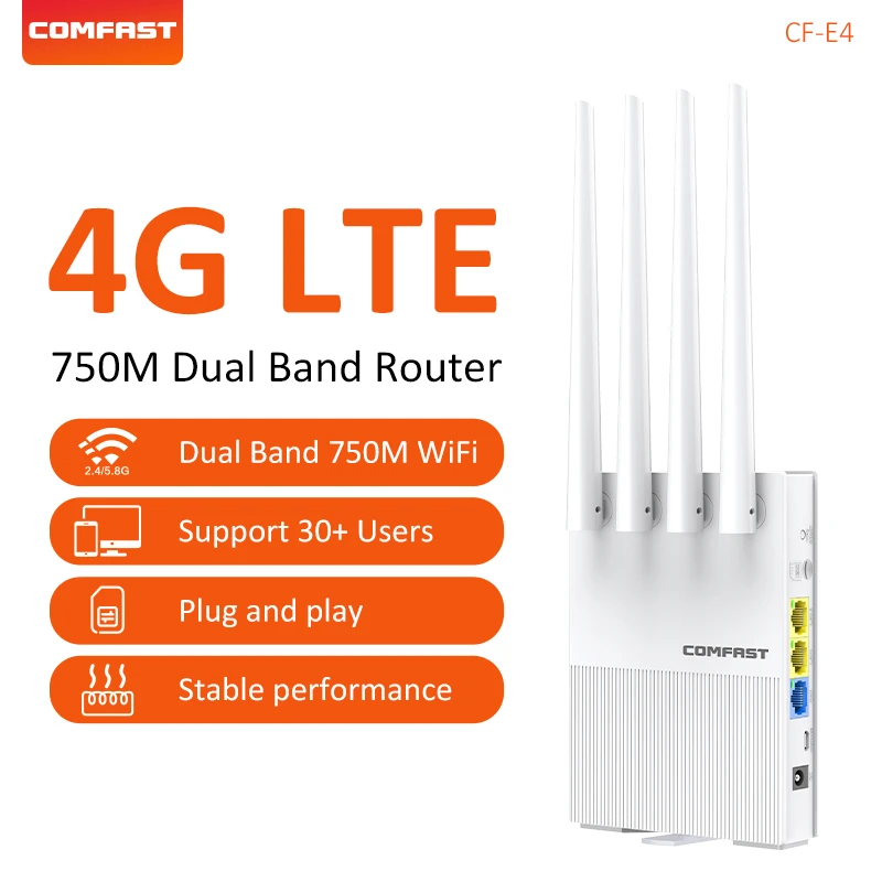 

4G LTE WiFi Router 750Mbps SIM Card Wireless Router 2.4G/5.8G 4 High Gain Antenna Roteador WAN/ LAN RJ45 Ports 32 Users CF-E4