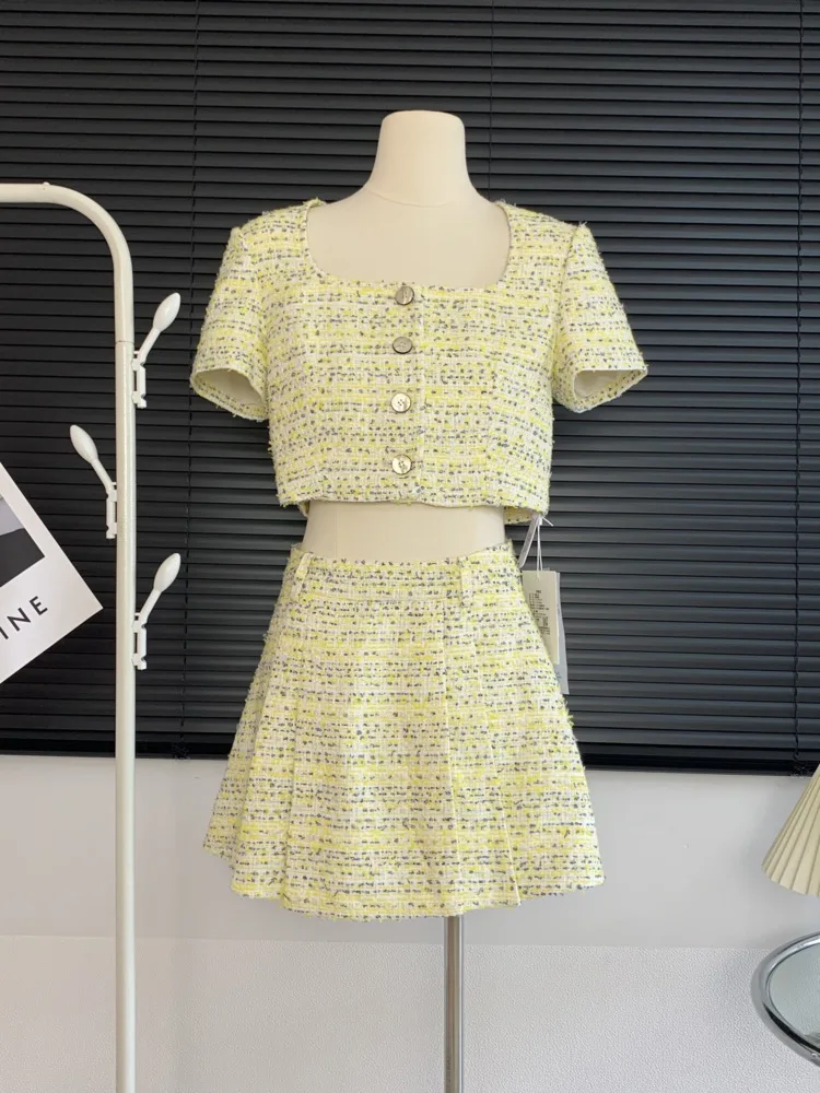 

Small Fragrant Summer Korean Fashion Short Coat Tops Tweed Two Piece Set For Women Clothing Female Women's Stylish Outfits