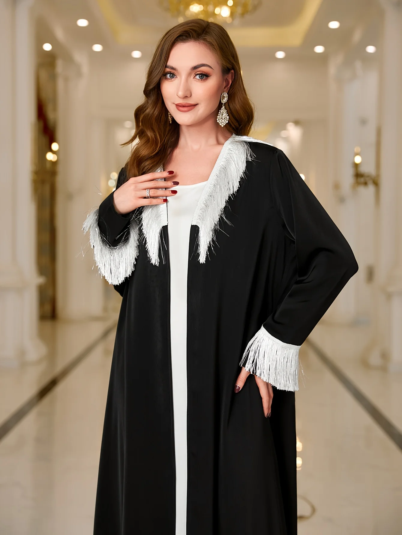Ramadan Contrast Trim Fringe Hem Abayas, Elegant Long Sleeve Open Front Cover Up Outwear, Abaya Dubai Luxury Women's Clothing