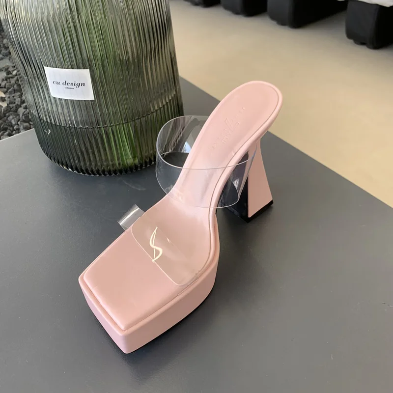 2024 Square Toe Shoes Fashion Women High Heel Slippers Comfortable Chunky Heel Crystal Slides Platform Modern Sandals for Women