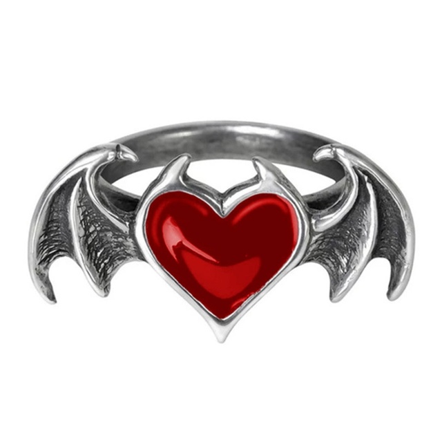 Punk Dark Soul Demon Bat Rings Men Women Black Red Heart Finger Jewelry Ring 15mm Diameter Couple Jewelry Rings Lover Gift