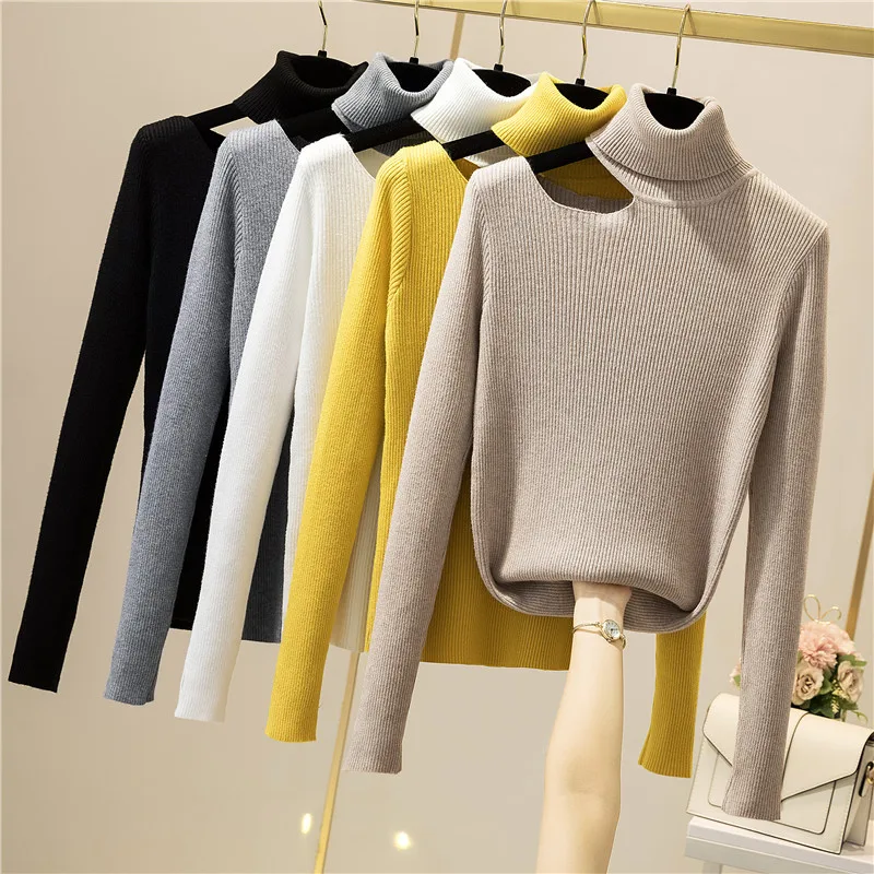

2023 Autumn/Winter New Off Shoulder High Neck Knit Long Sleeve Slim Fit Pullover Bottom Sweater Top Women's Wear Underwear