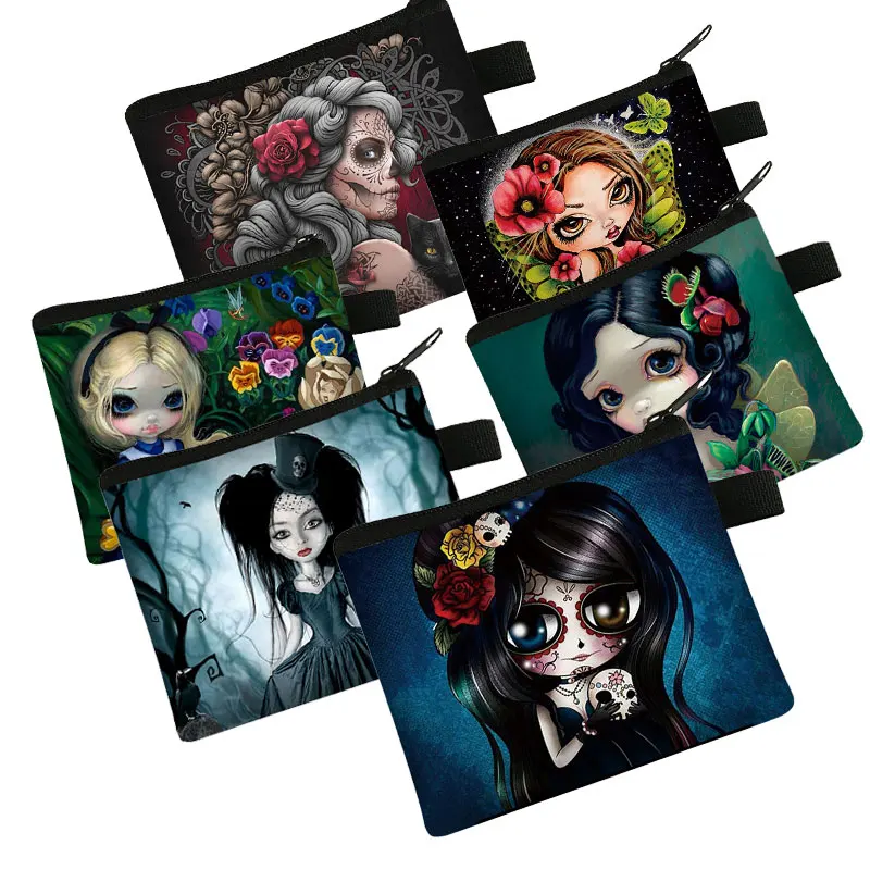 Girls Mini Coin Bag Card Holder Gothic Girs Portable Coin Wallet Storage Bag Girls Skull Print Coin Purse Cartoon Key Pouch Bags