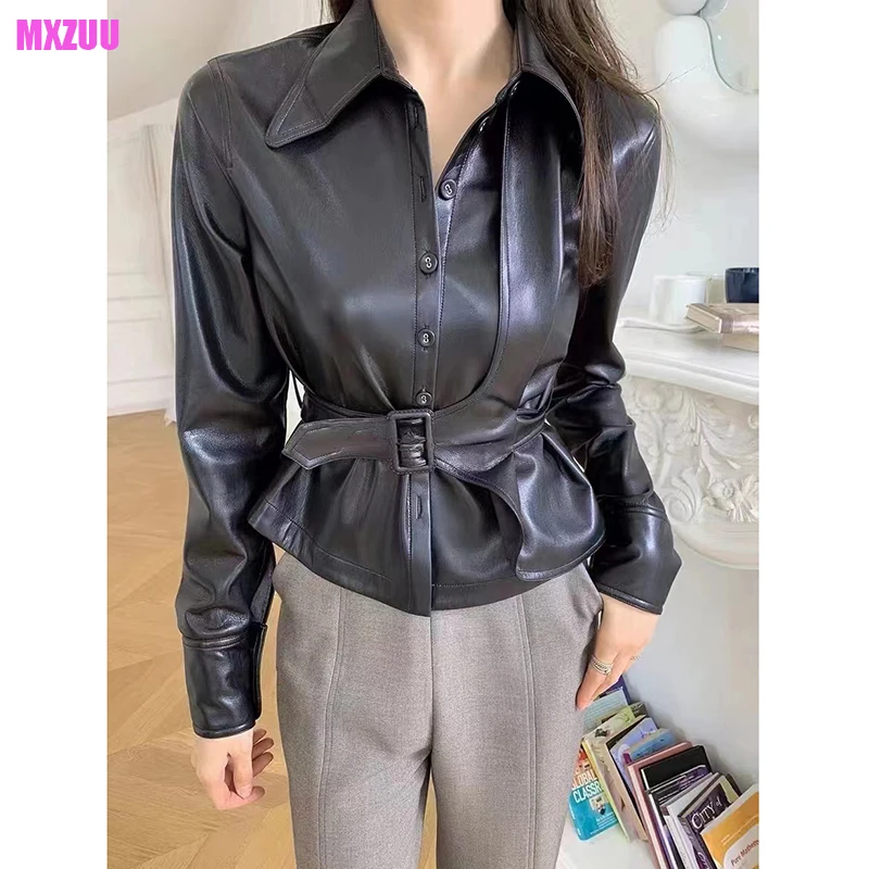 

2023 Spring Genuine Leather Jacket Women Sheepskin Shirt Temperament Belt Waist Closing Slim Short Trench Coat Deri Ceket Kadın