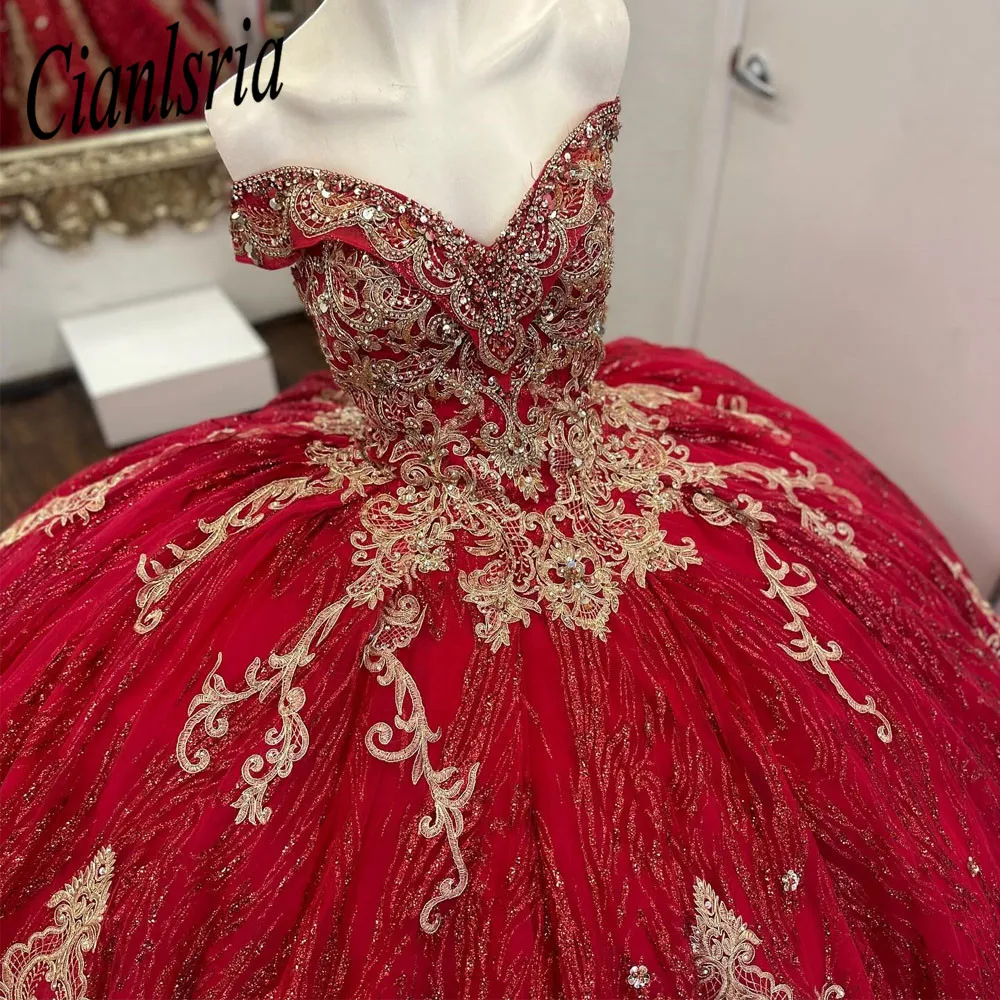 

Sparkly Red Lace Floral Quinceanera Dresses Ball Off the Shoulder tulle Prom Dress Party Gowns For 16 Sweet Girls