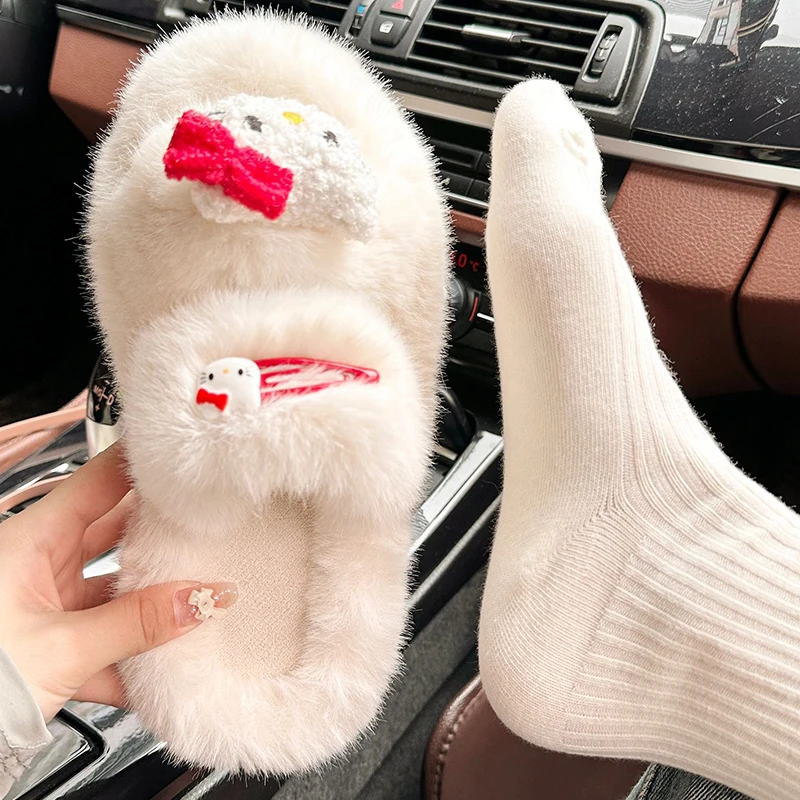 Women's Slippers Sanrio Hello Kitty Fluffy Slippers Thick Bottom Women's Shoes Outerwear Home Handmade Cotton Slippers Women