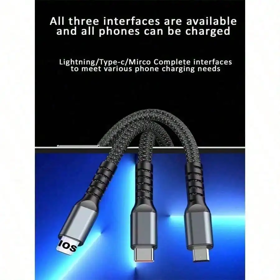 3-In-1 Super Fast Charging Cable, 3-In-1 Charging Cable With Transparent Illuminated Braided Nylon Wire, Fast Charging Data 4