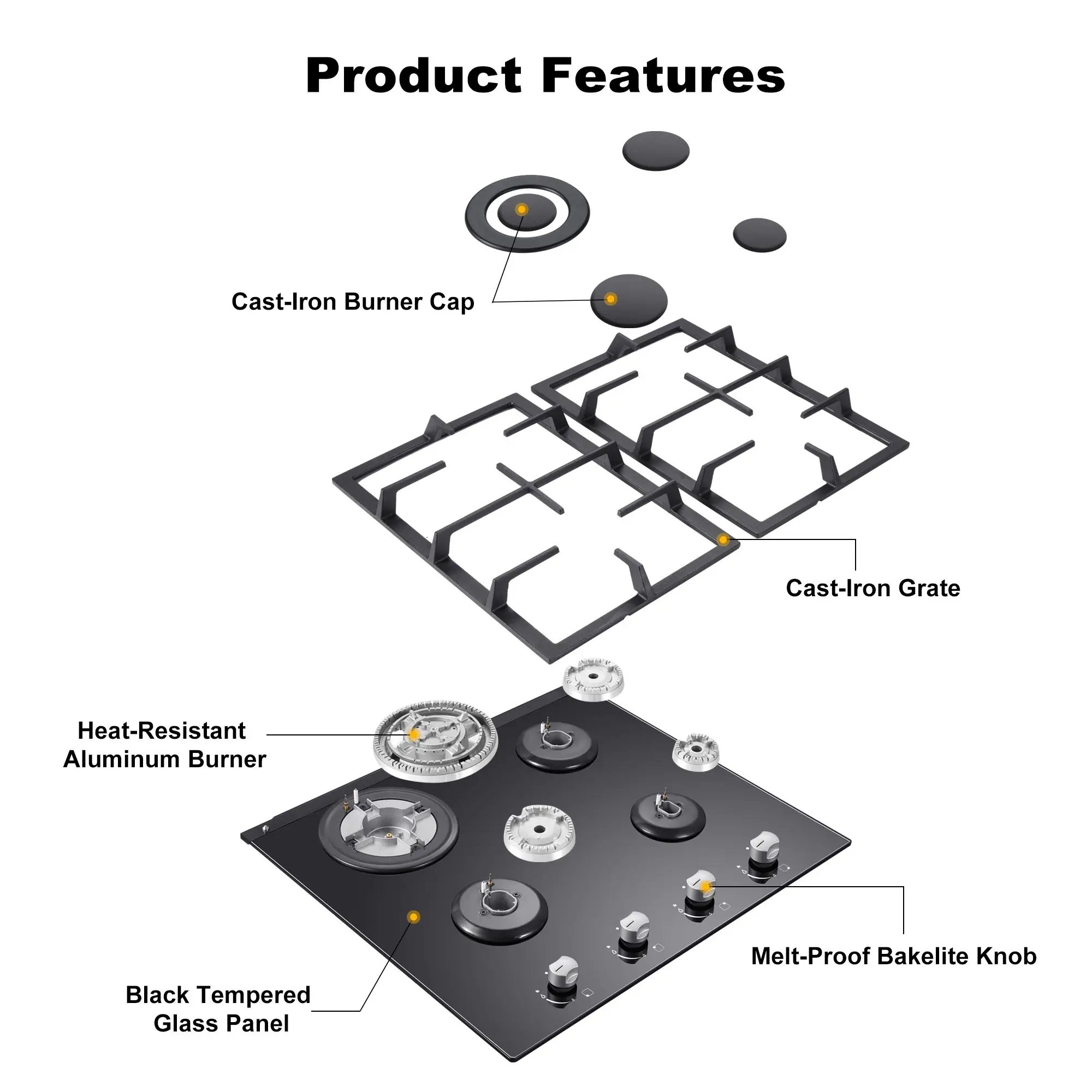 Tieasy 24 Inch 4 Burner Built-in Tempered Glass NG/LPG Convertible Thermocouple Protection Child lock Gas Cooktop GH003-244G 4