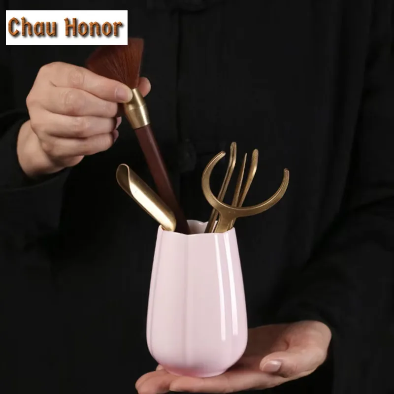 Jade Mud Cherry Powder chinese Ceramics Solid Wood Tea Ceremony Six Gentlemen Suit Pure Copper Kung Fu Tea Set Accessories Gift