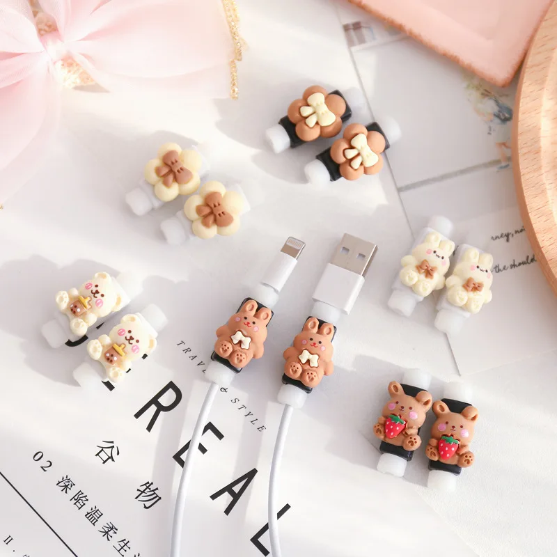 Cute Cartoon Milk Coffee Color Data Cable Protective Cover Charging Headphone Cable Anti-break Protector Organizer 1pair cable organizer,cable protector,cable wire protector,charger protector,charger protective case,charger protective cover,phone adapter protector