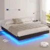 California King Floating Bed Frame with LED Lights Faux Leather Upholstered Cal King Size Platform Bed Frame No Headboard Black 1