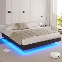 California King Floating Bed Frame with LED Lights Faux Leather Upholstered Cal King Size Platform Bed Frame No Headboard Black 1
