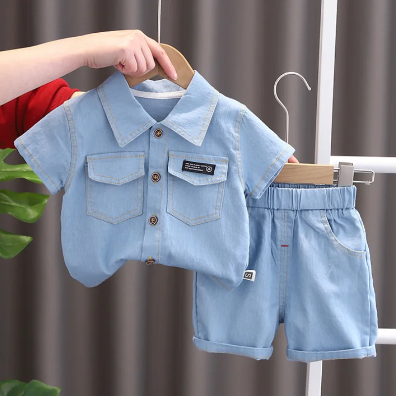 

Summer New Shirt Boys' Polo Neck Short Sleeve Set Children's Casual Pants Shirt Fashion Gentleman Two Piece Set