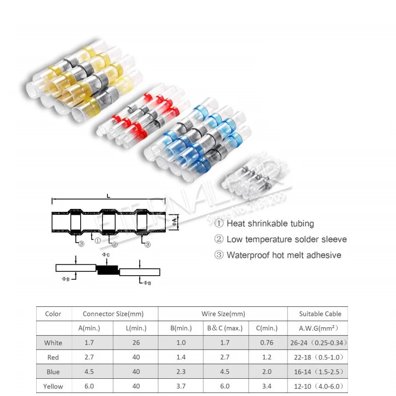 Description Picture 4 of item12AWG SST Waterproof Solder Seal Heat Shrink Butt Stress-free Wire Connectors Terminals Electrical Copper with Soldering Sleeve
