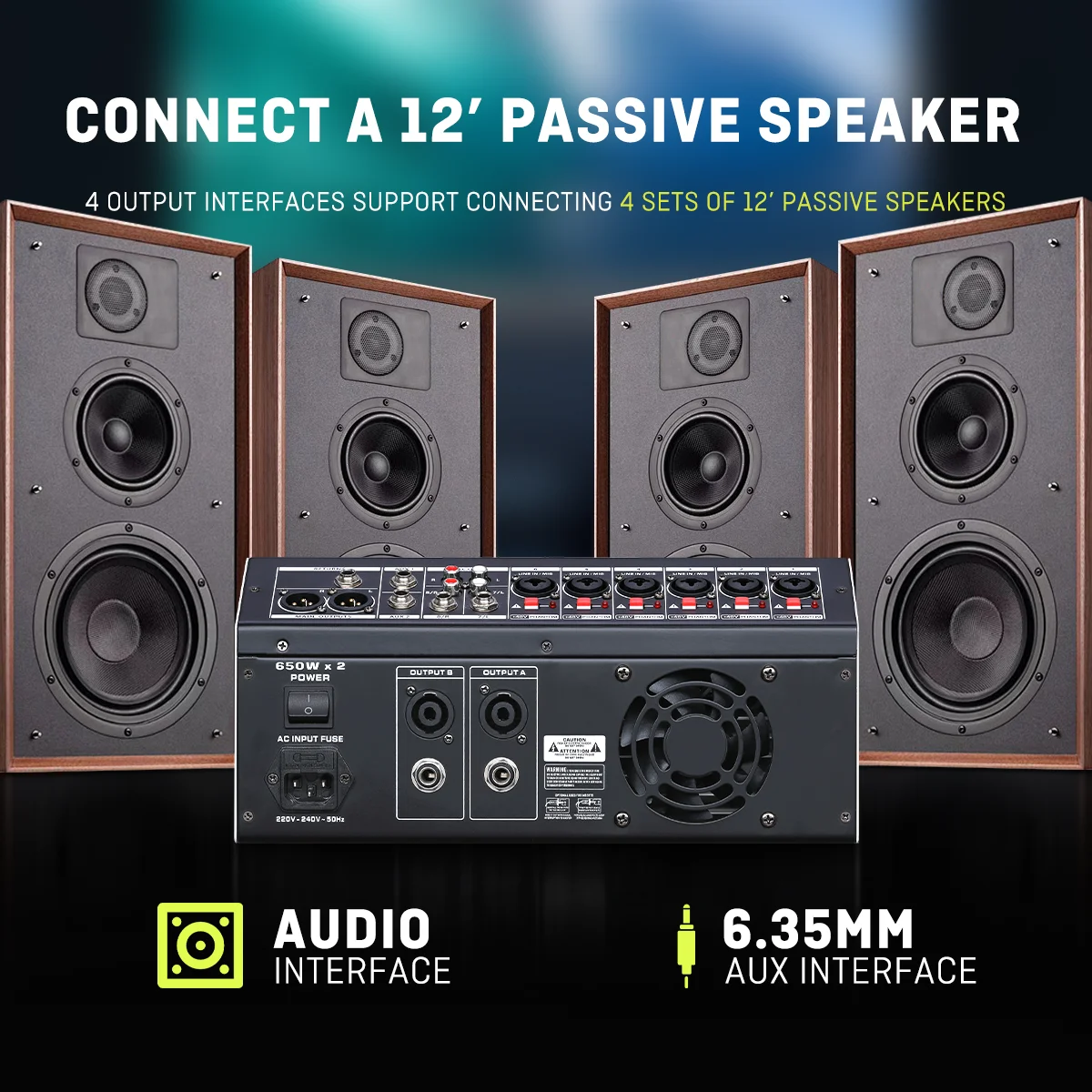 BOMGE Professional 8 Channel 256DSP Audio Sound Mixer with 2&times;650W Power Amplifier,USB,Bluetooth,48V, Metal body for Live Band DJ