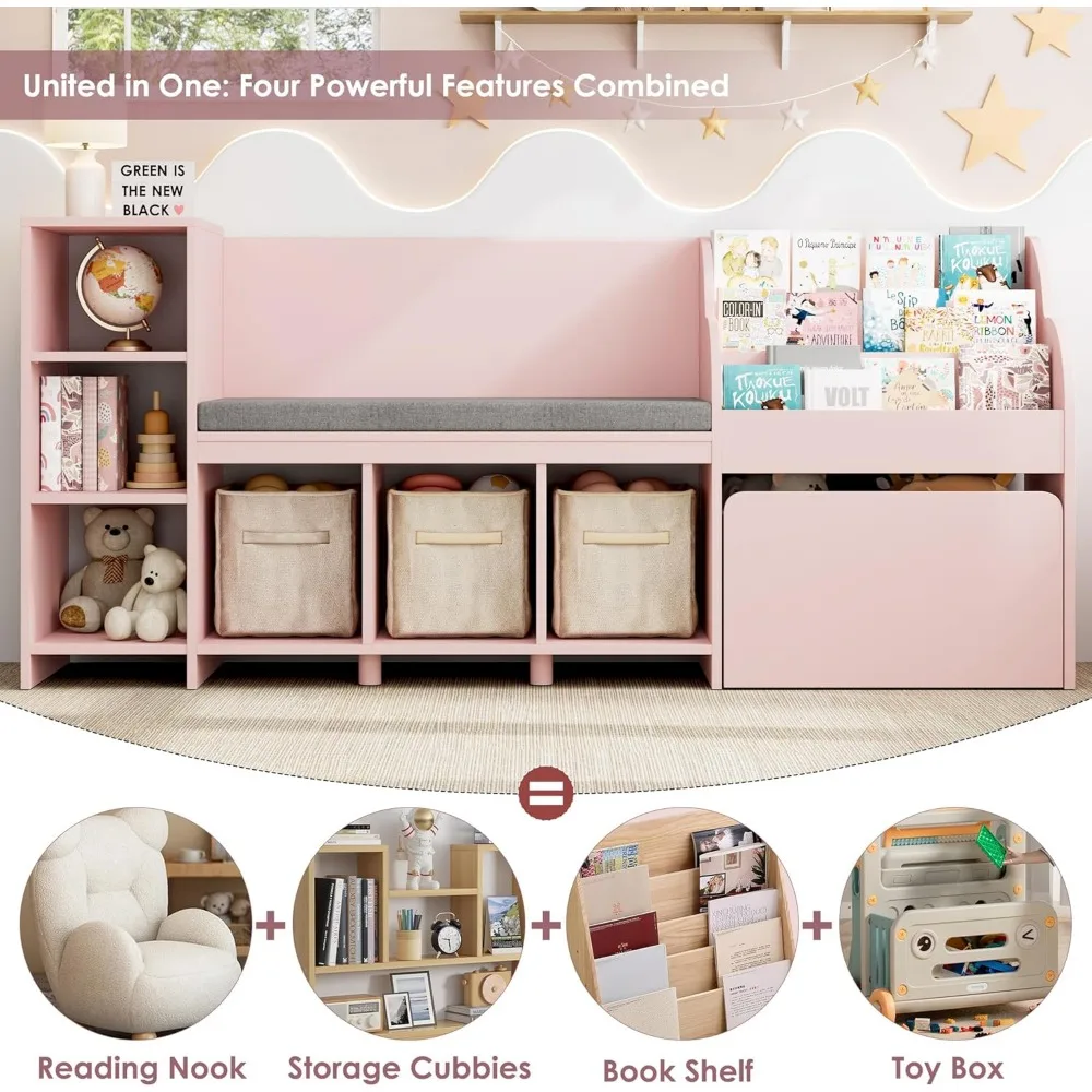 67" Kids Reading Nook with Bench, Kids Bookshelf and Bookcase with Seat Cushion and 6 Storage Cubbies, Toy Storage Box on Wheels 2