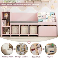 67" Kids Reading Nook with Bench, Kids Bookshelf and Bookcase with Seat Cushion and 6 Storage Cubbies, Toy Storage Box on Wheels 2