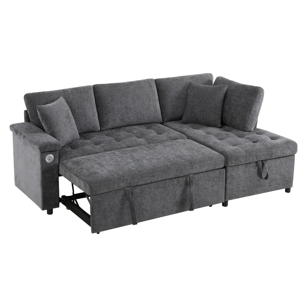 Wohnzimmer L-förmiges Sofa mit Ausziehbett, Ausgestattet mit Stauraum, USB-Ladegerät, Armlehnen-Stauraum und 2 Kissen – Detail 36