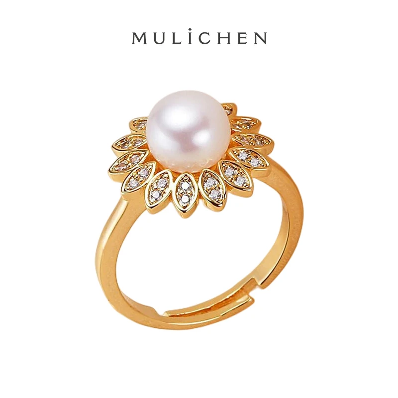 MULICHEN Zircon Inlaid Copper Plated 14K Gold Open Women's Ring 7-8mm Freshwater Pearl Ring Jewelry Free Shipping Gift