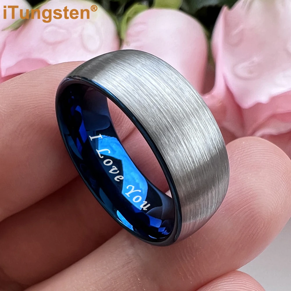 

iTungsten 6mm 8mm Blue Tungsten Ring for Men Women Engagement Wedding Band Fashion Jewelry I Love You Engraved Matte Comfort Fit