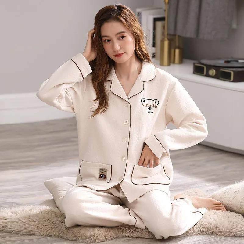 2023 New Autumn Winter Women's Pajamas Three Layers Pure Cotton Thickened Warm Air Cotton Interlayer Thin Cotton Set Homewear