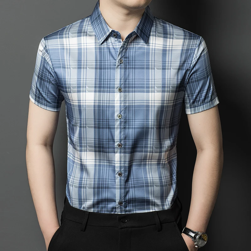 New Men's Fashion Mulberry Silk Clothes Summer Patchowork Stripes Poplin Shirt Male Soft Silk Dress Shirts Short Sleeved
