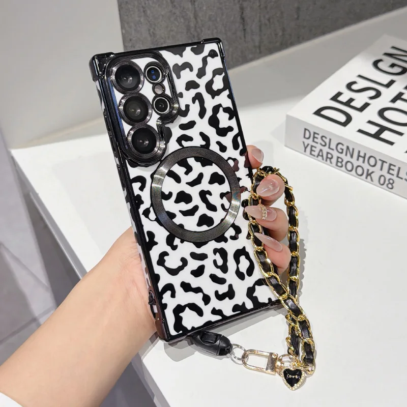 Leopard Print Magnetic Phone Case with Wrist Strap