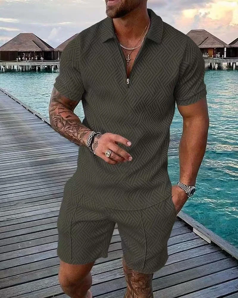 Men's Solid Color Two-piece Sets Casual Zipper Lapel Neck Pullover POLO Shirt Loose Waist Shorts Summer Daily Sports Male Suit 2