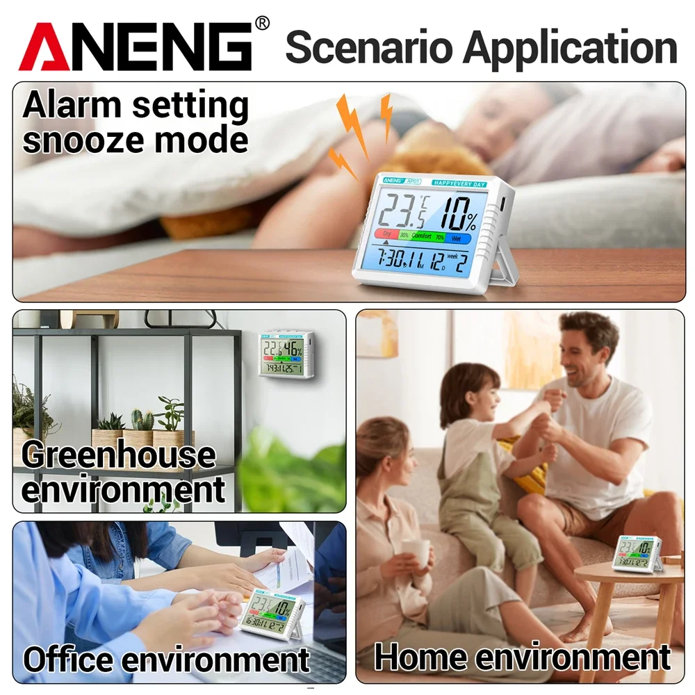 Temperature Humidity Meter Air Thermohygrometer ANENG AP01 Thermometer Hygrometer Rechargeable Multifunction Tester Backlight Air Electronic Monitor Meter Alarm Clock Testers