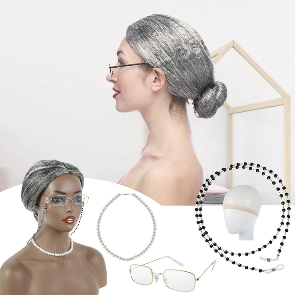 Set Travestimento Nonnina - Parrucca Argentata, Occhiali, Collana E Orecchini Di Perle - Per Feste E Cosplay - Foto 11