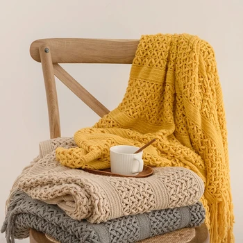 Nordic Crocheted Blanket Travel Blankets Khaki Sofa Bed Throw Blanket Tassels Air Conditioner Blankets Hollow Plaid Drop ship 3