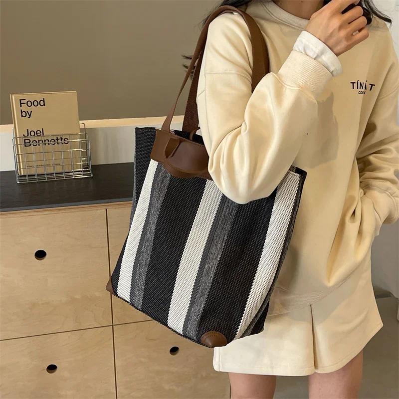Striped Shoulder Bucket Bags For Women Canvas Fabric Large Capacity Shopping Totes Contrast Color Commute Shopper Handbags 2024 - 5