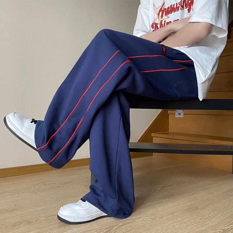 American Hip-hop Loose Sports Pants Men's Autumn Solid Patchwork Elastic Waist Drawstring Pocket Side Striped Straight Trouser