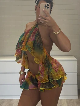 Kliou Colorful Print 2 Piece Set Woman Summer Trend Halter Backless Ruffles Camisole Tops+Elastic Waist Shorts Beach Style Suits 1