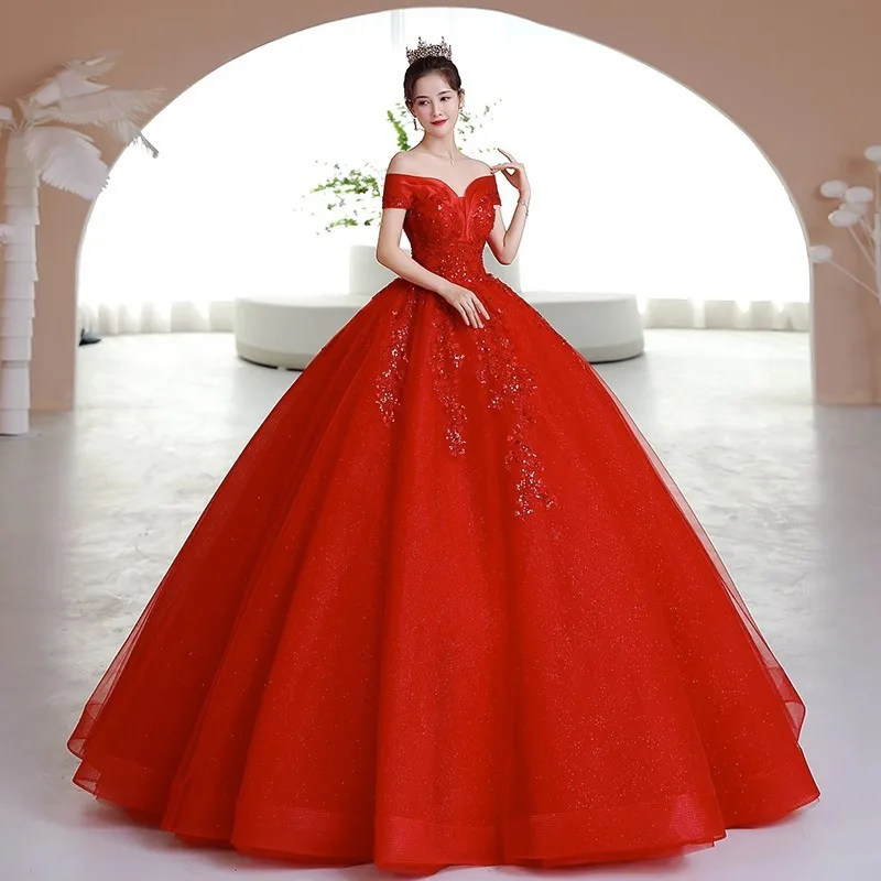 New red off shoulder lady girl women princess banquet party ball prom dress performance gown