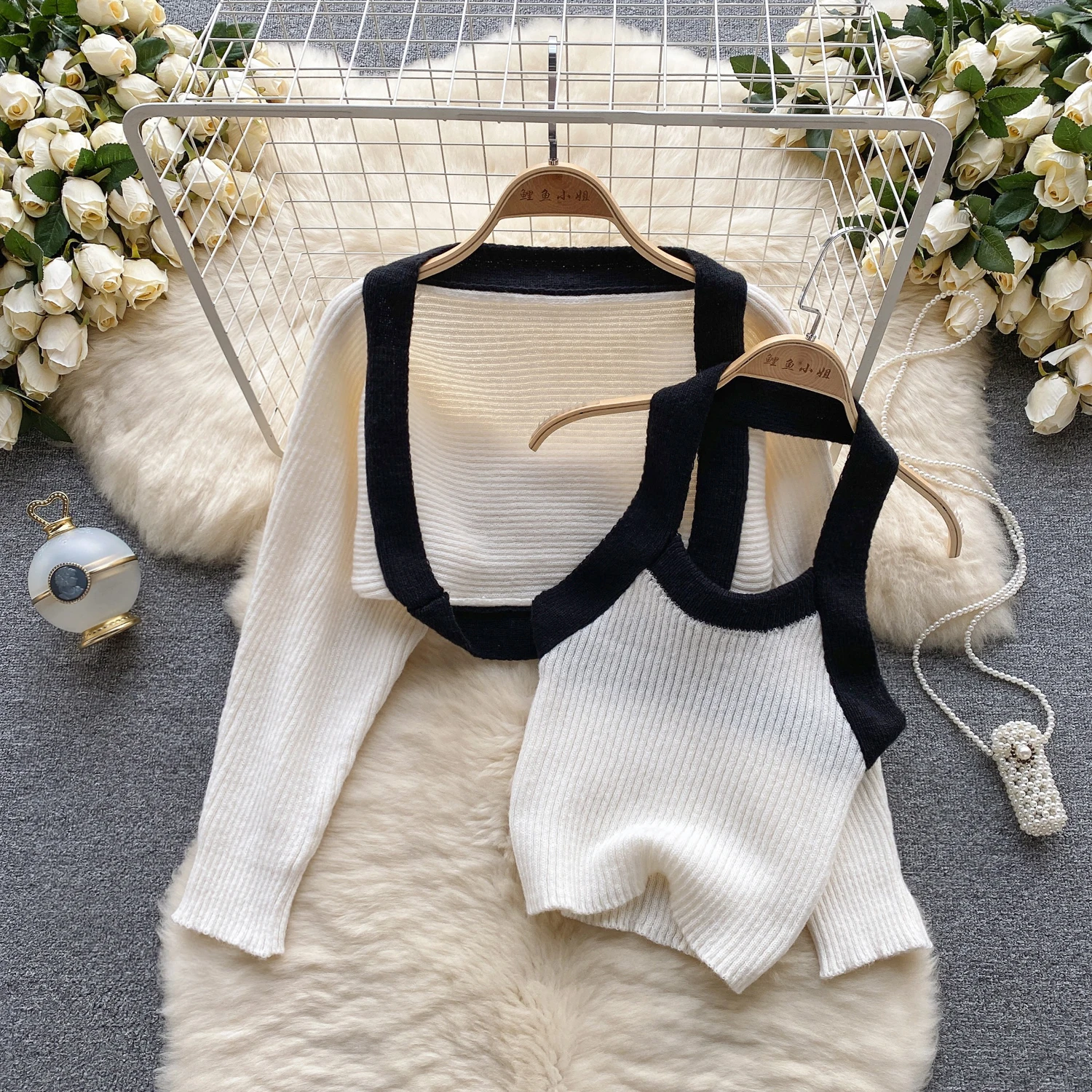 

Women Two Pieces Sets Knit Halter Top with Sexy Long Sleeve Loose Cardigan Korean Fashion Autumn WinterSet