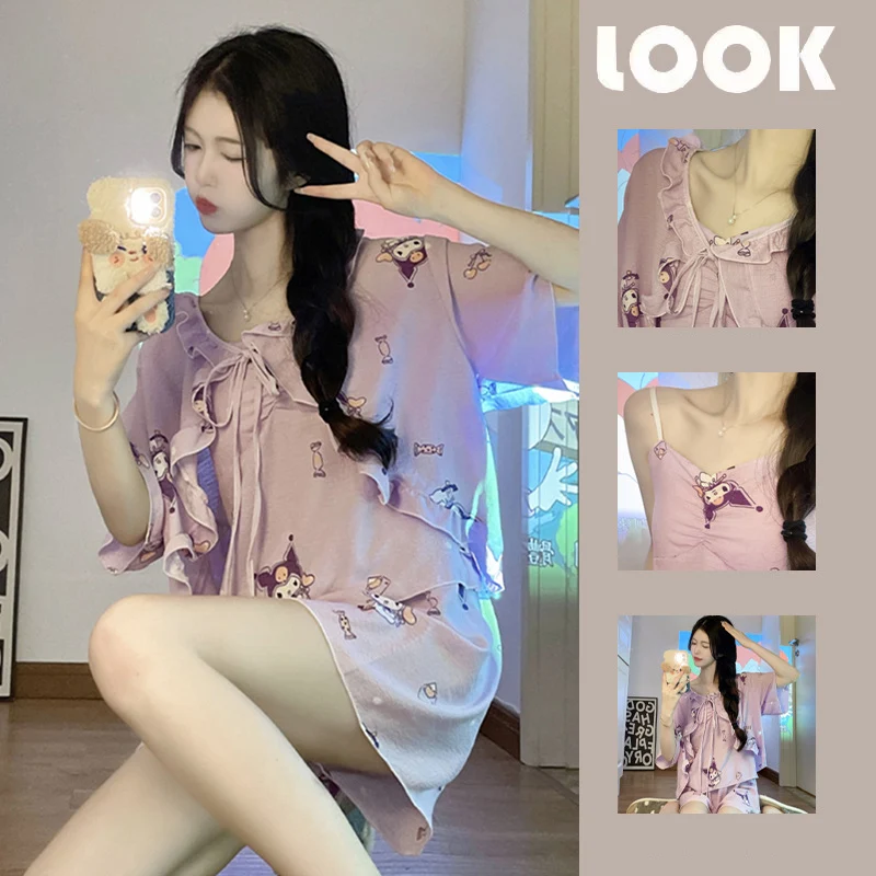 

New Summer Women Pajamas 3 Piece Set Kawaii Sanrio Kuromi Pachacco Anime Creative Cute Girl Vest Shorts Casual Women Clothing